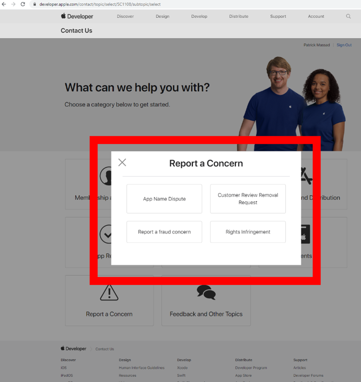 Apple app page for reporting concerns